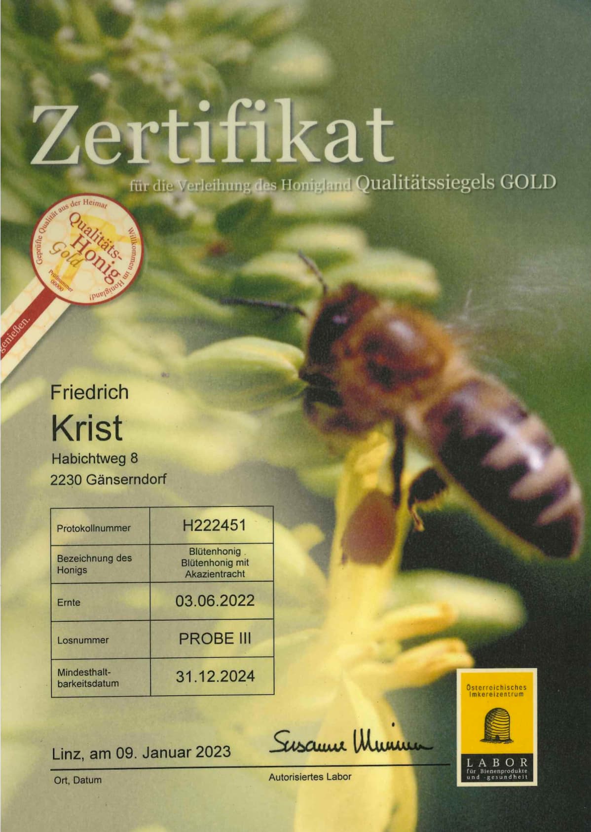Zertifikat Qualitäts-Honig Gold Blütenhonig mit Akazientracht