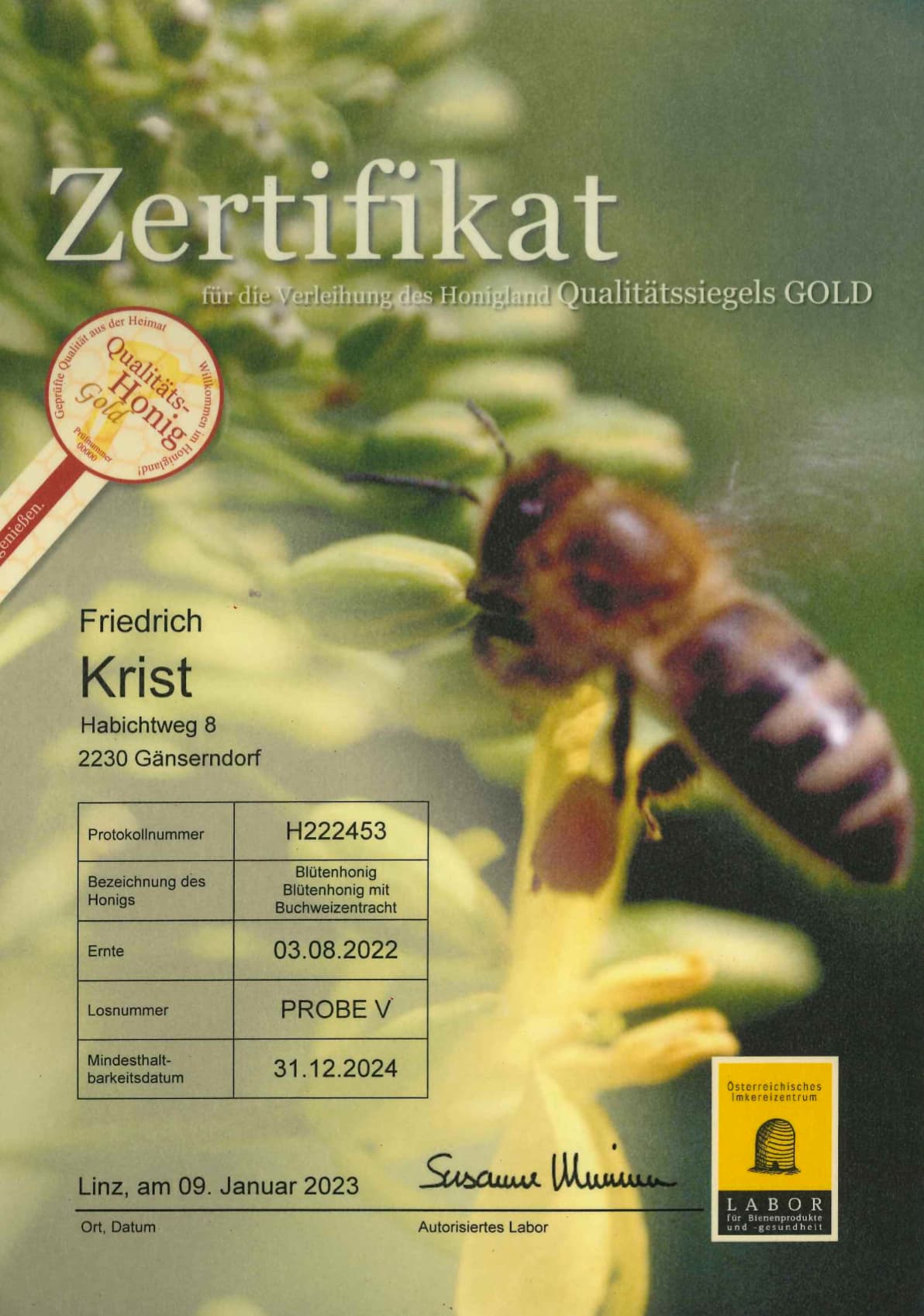 Zertifikat Qualitäts-Honig Gold Blütenhonig mit Buchweizentracht