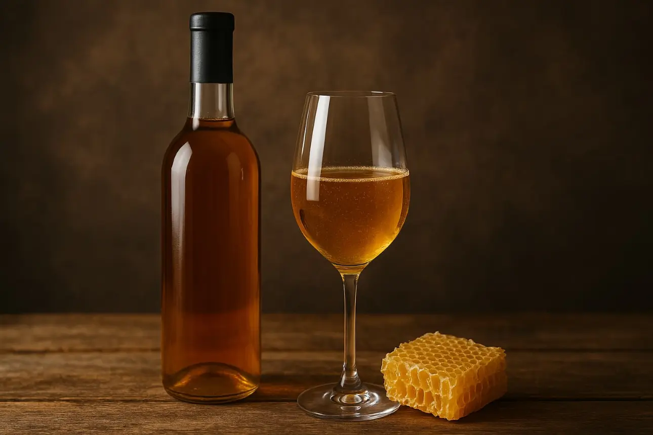 Met & Hongwein mit Flasche, Weinglas und Hongwabe