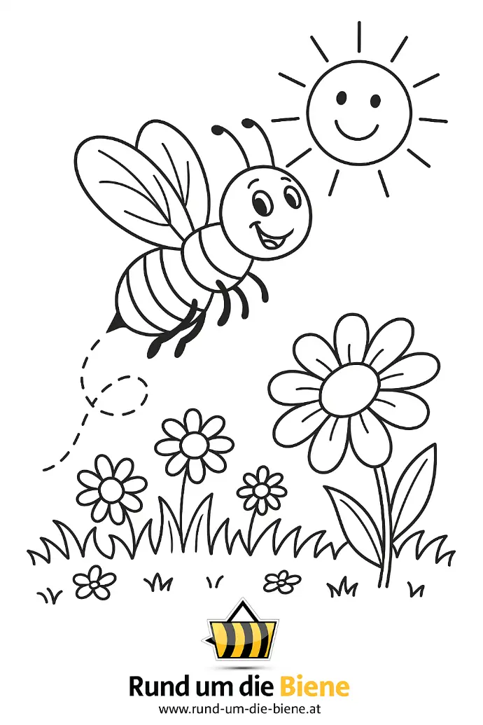 Ausmalbild Biene mit Sonne und Blume