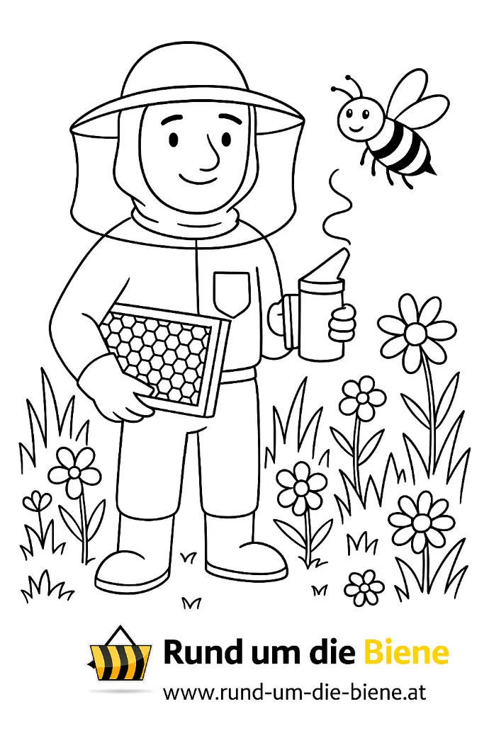 Ausmalbild Imker bei den Bienen