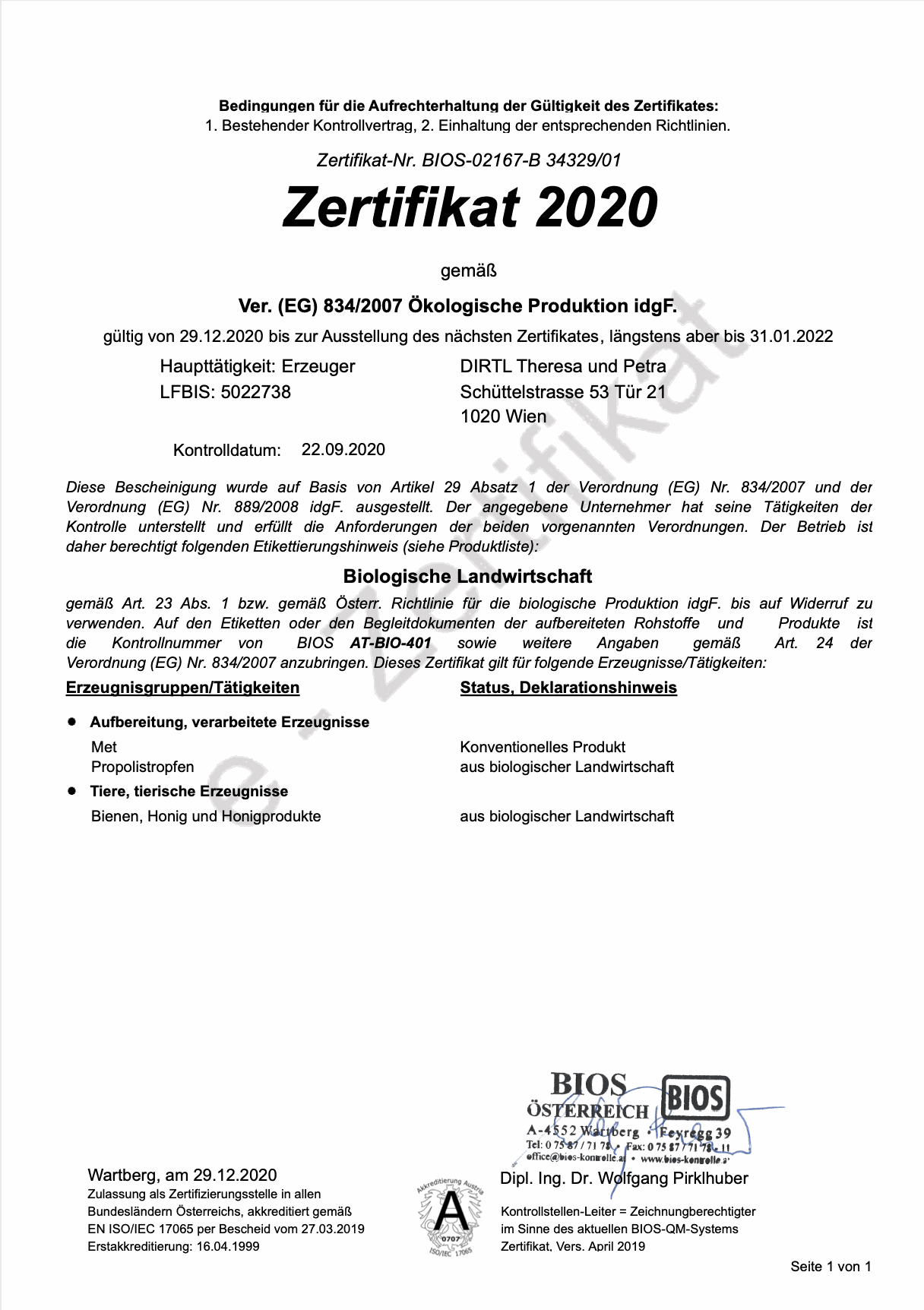 Bio-Zertifikat Bio-Imkerei Auhonig