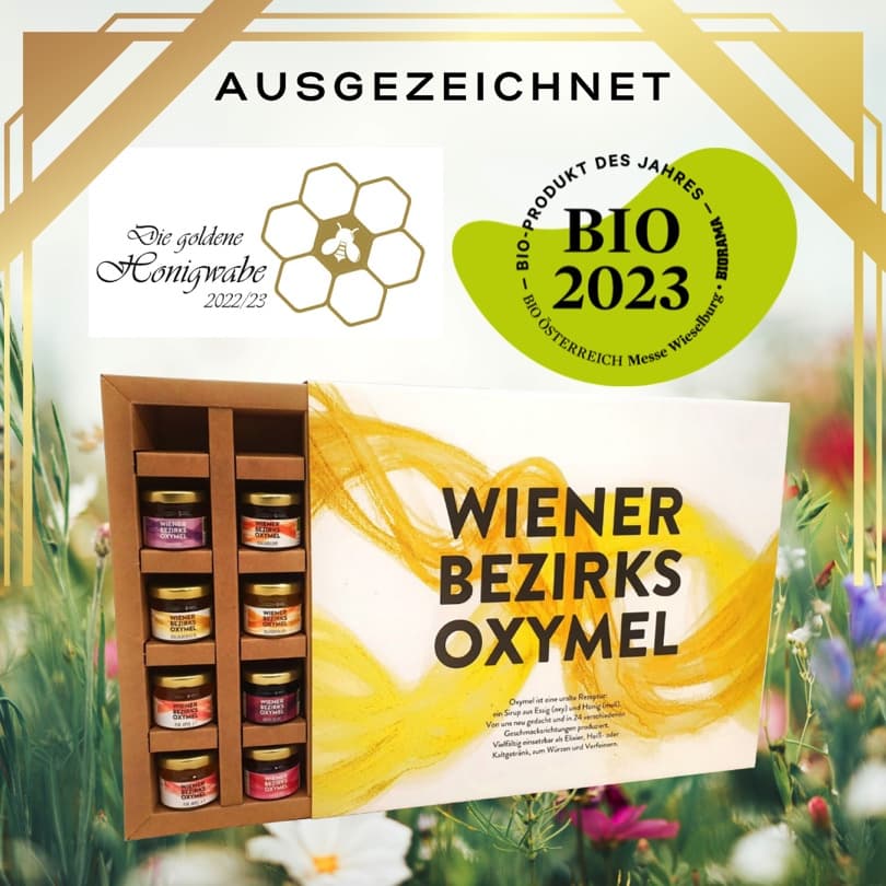 Wiener Bezirks Oxymel Verkostungsbox Ausgezeichnet mit der Goldenen Honigwabe und als Bioprodukt des Jahres