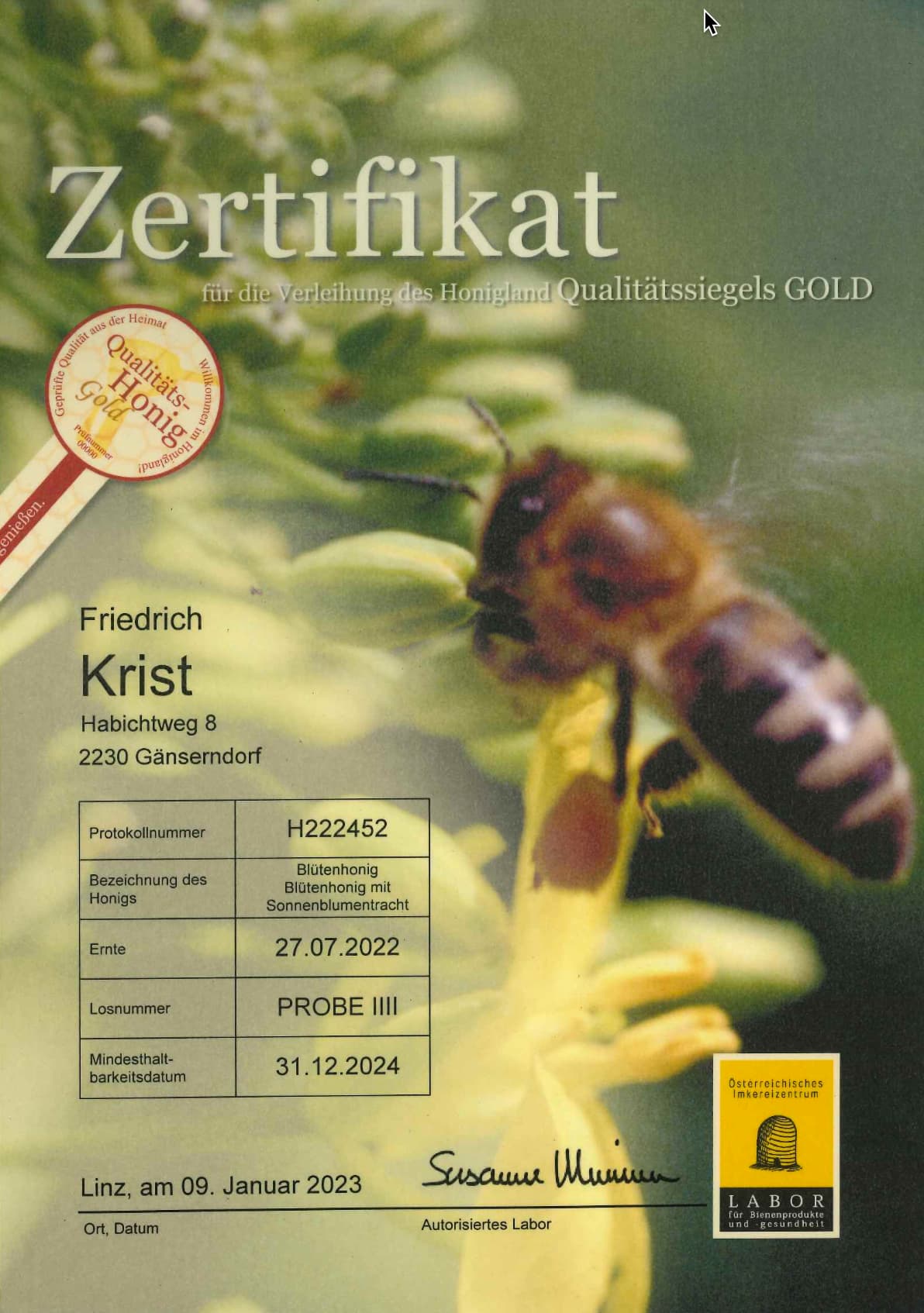 Zertifikat Qualitäts-Honig Gold Blütenhonig mit Sonnenblumentracht