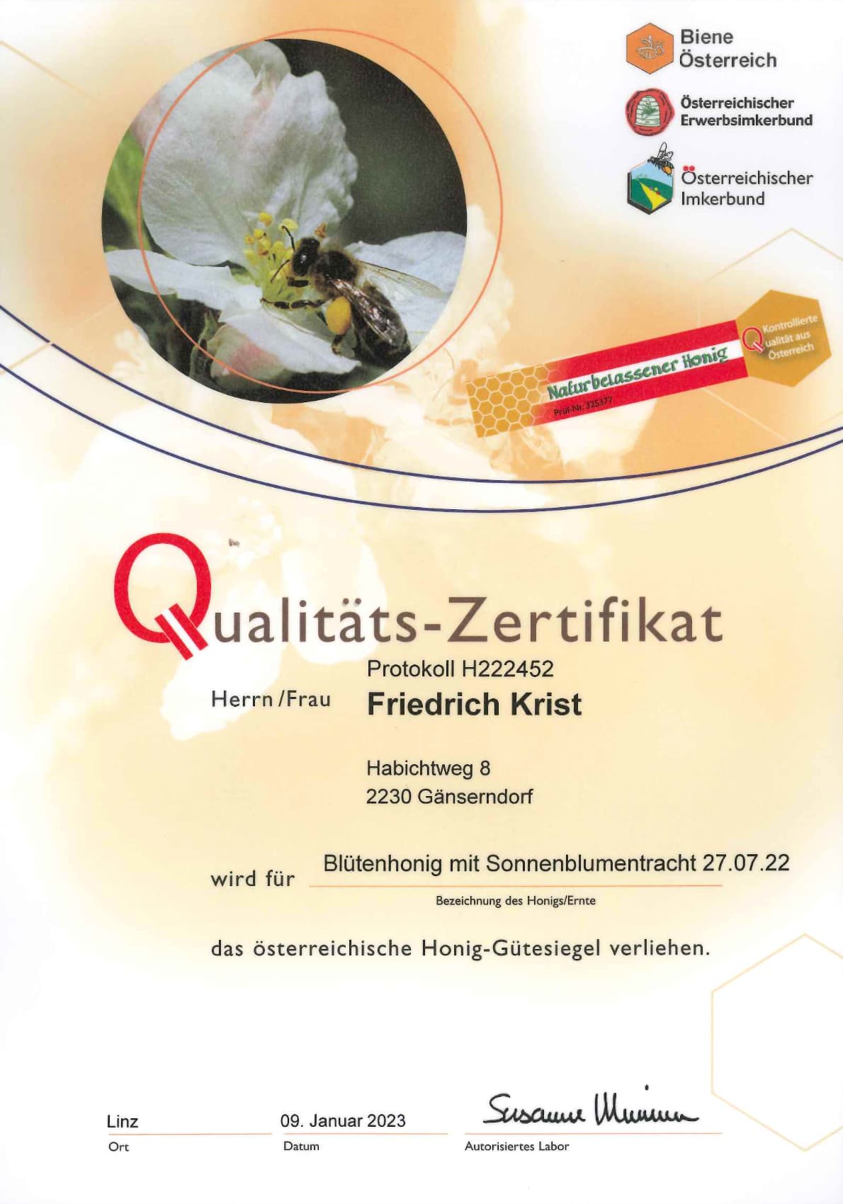 Qualitäts-Zertifikat Blütenhonig mit Sonnenblumentracht