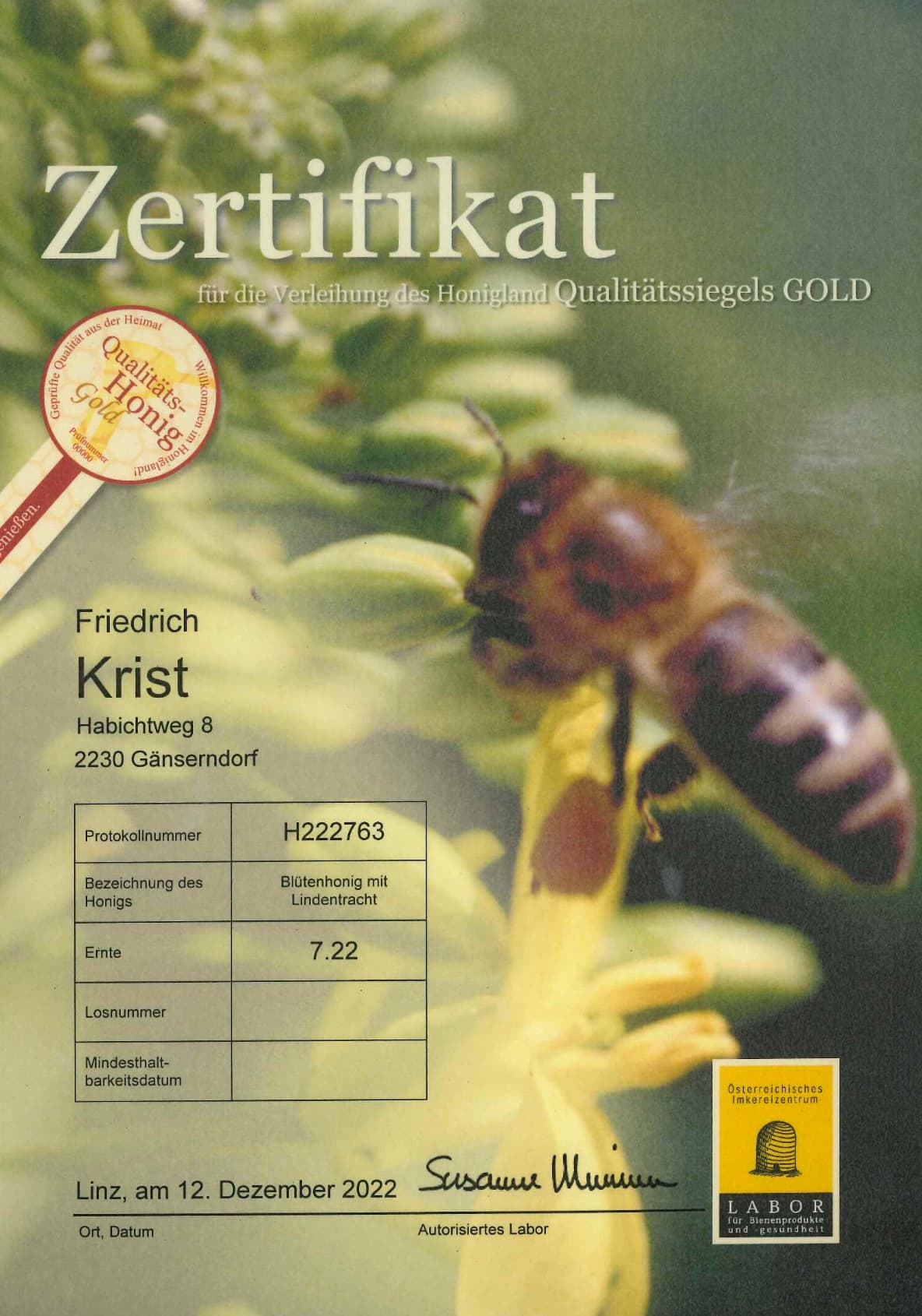 Zertifikat Qulitäts-Honig Gold Blütenhonig mit Lindentracht