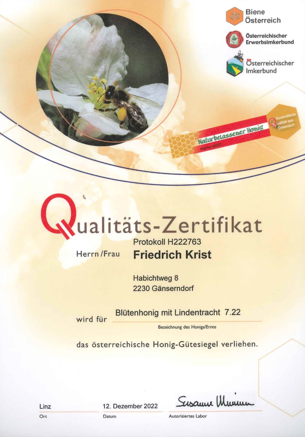 Qualitäts-Zertifikat Blütenhonig mit Lindentracht