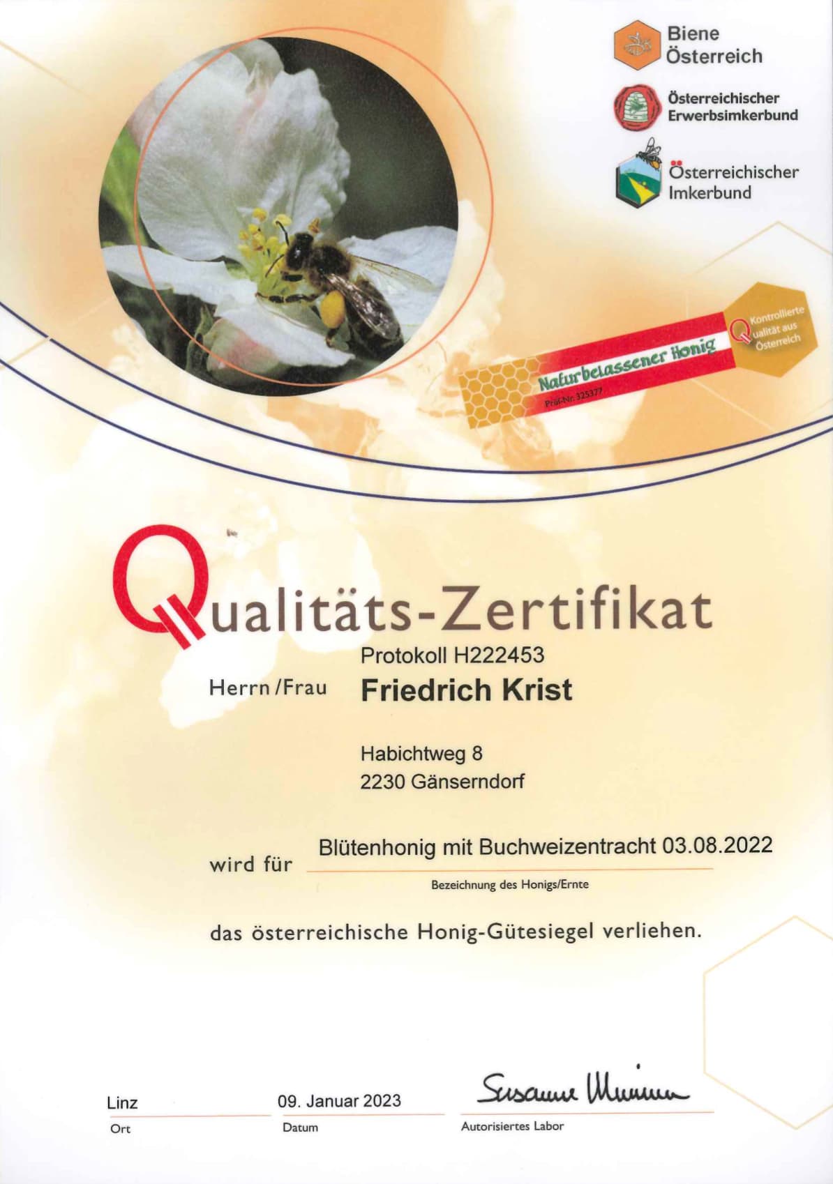 Qualitäts-Zertifikat Blütenhonig mit Buchweizentracht