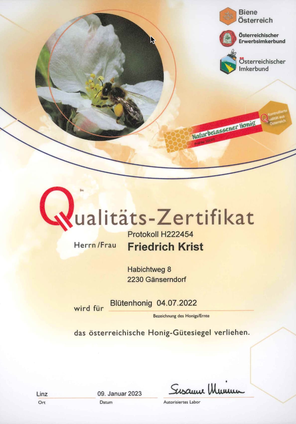 Qualitäts-Zertifikat Blütenhonig