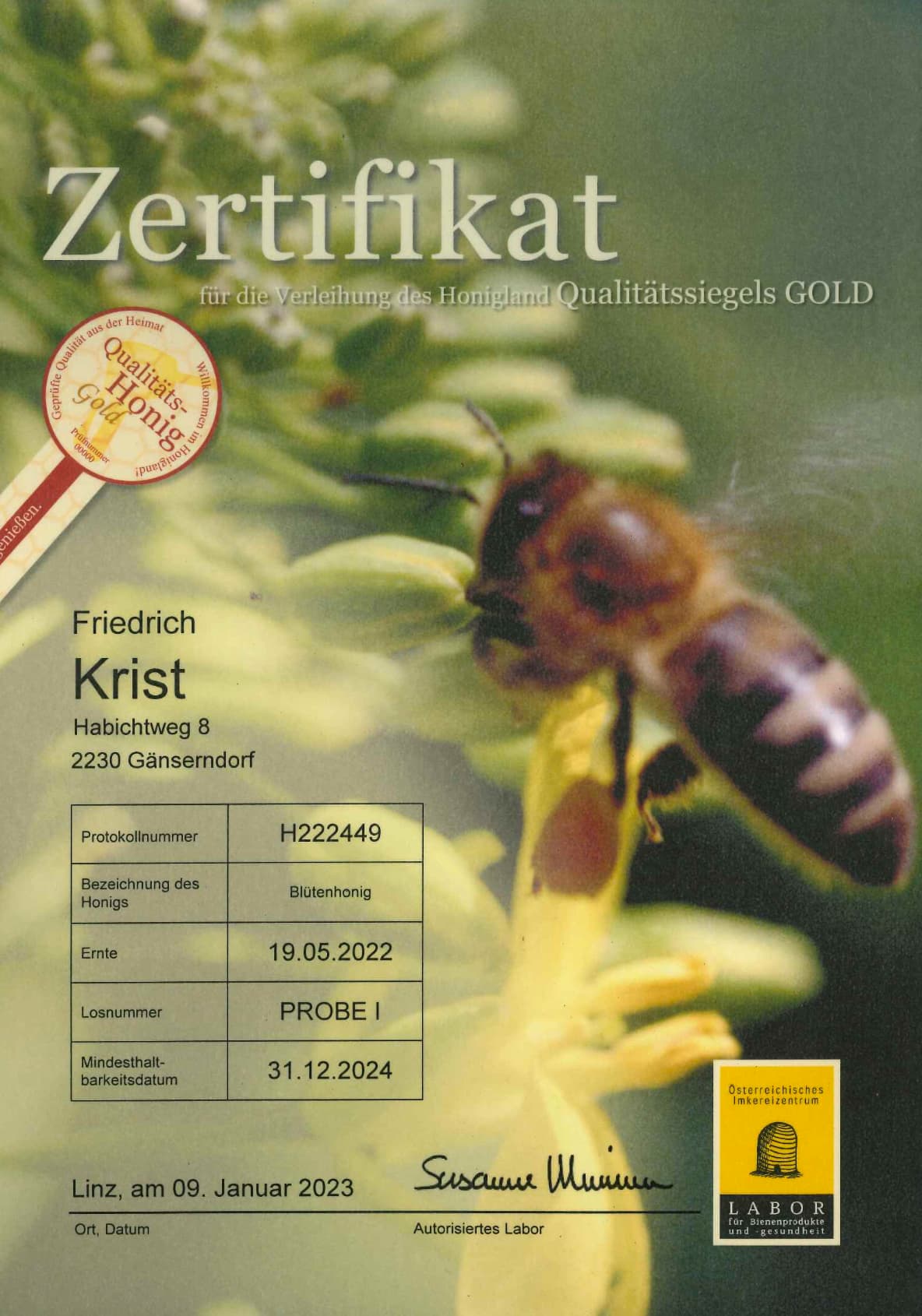 Zertifikat Qualitäts-Honig Gold Blütenhonig