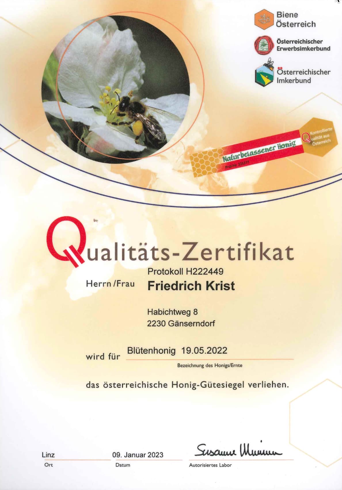 Qualitäts-Zertifikat Blütenhonig