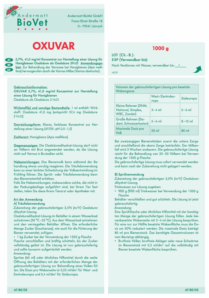 Oxuvar 5,7% Oxalsäurekonzentrat 1.000g Sprühbehandlung gegen Varroa von Andermatt BioVet