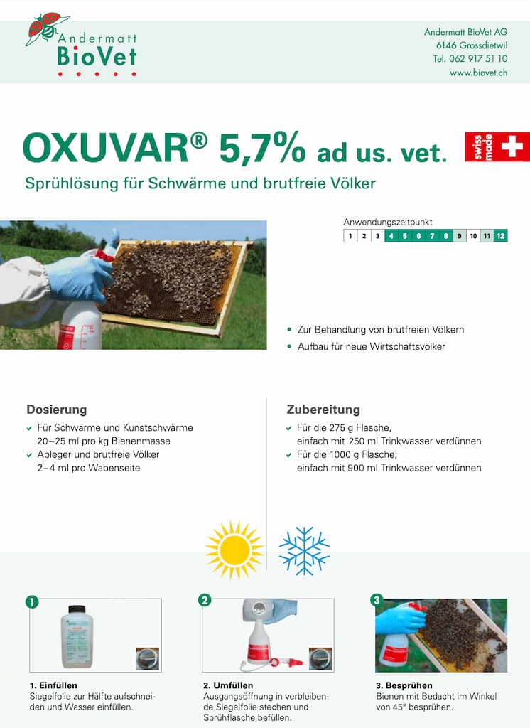 Oxuvar 5,7% Oxalsäurekonzentrat 1.000g Sprühbehandlung gegen Varroa von Andermatt BioVet