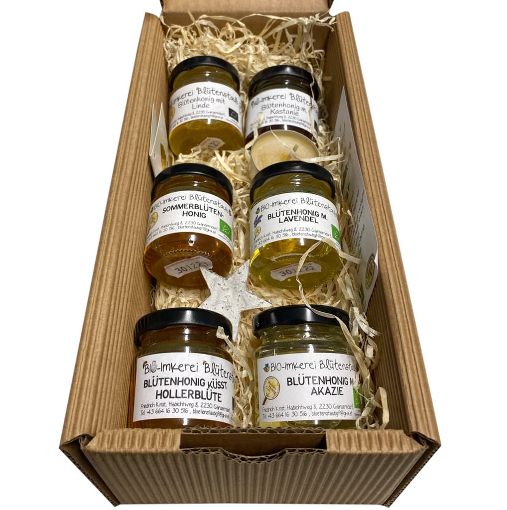 Geschenkbox Bio Honig 7er Set von Bio-Imkerei Blütenstaub
